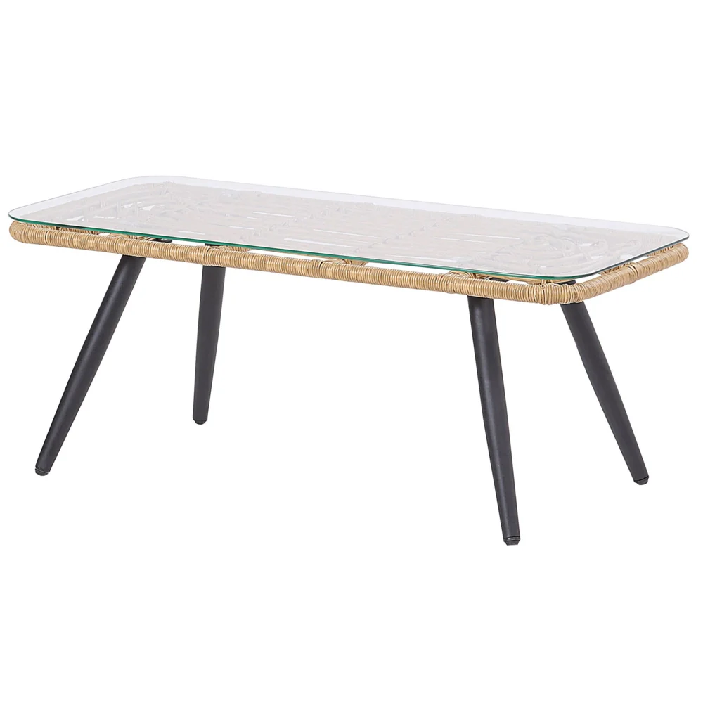 Set divano conversazione da giardino in finto rattan beige con cuscini grigi e tavolino in vetro temperato con gambe in acciaio rustico - Image 9