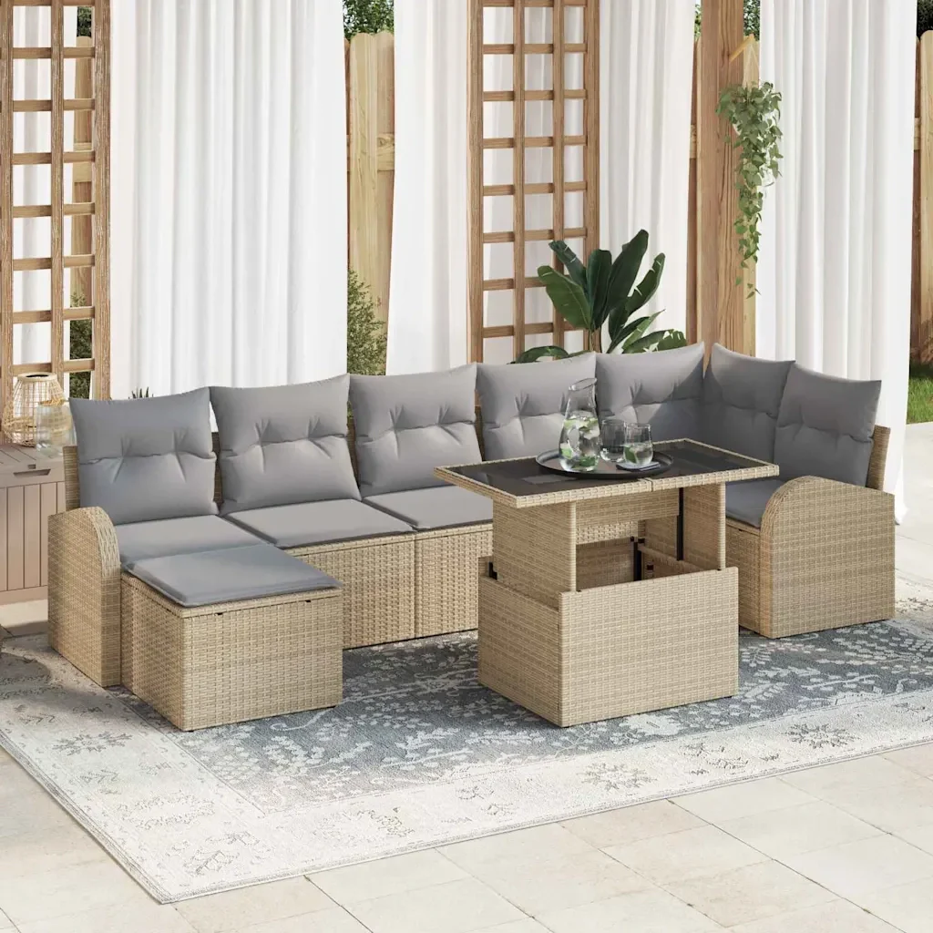 Set Divano da Giardino con cuscino 8 pcs Beige Poly Rattan
