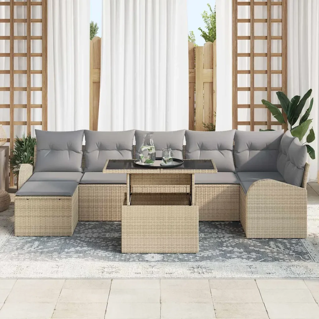 Set Divano da Giardino con cuscino 8 pcs Beige Poly Rattan - Image 3