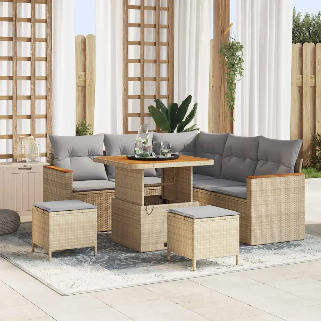 Set Divano da Giardino con cuscino 8 pcs Beige Poly Rattan