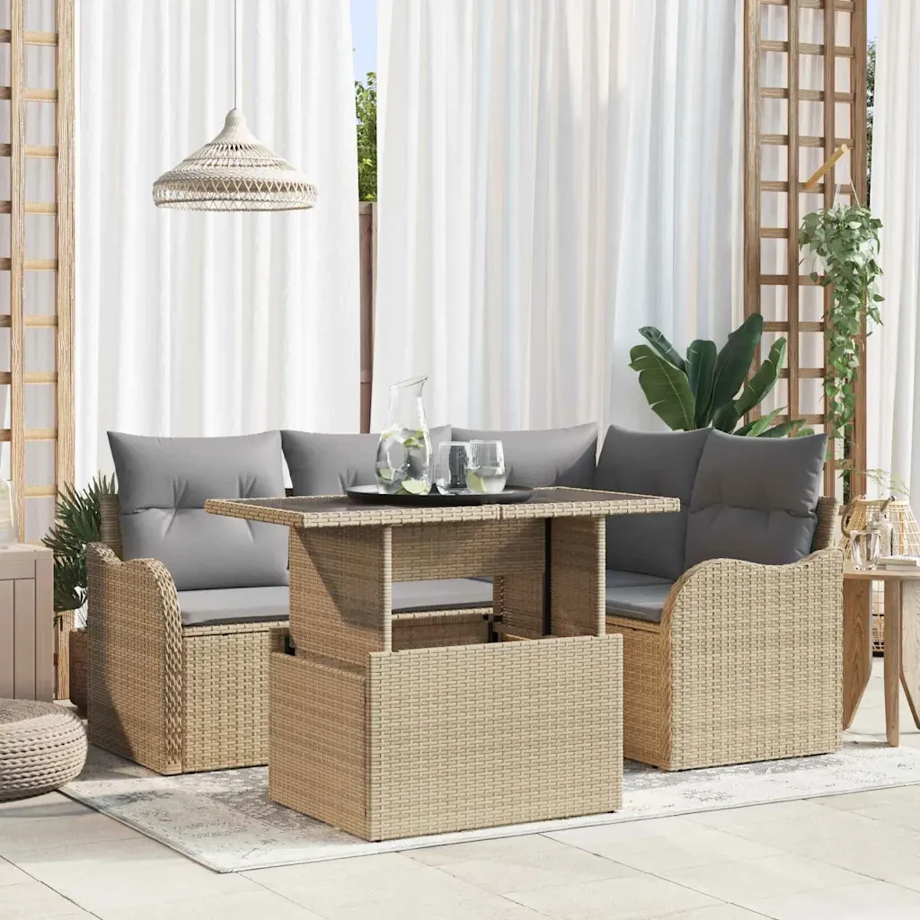 Set Divano da Giardino 5 pcs Beige Rattan in Polipropilene