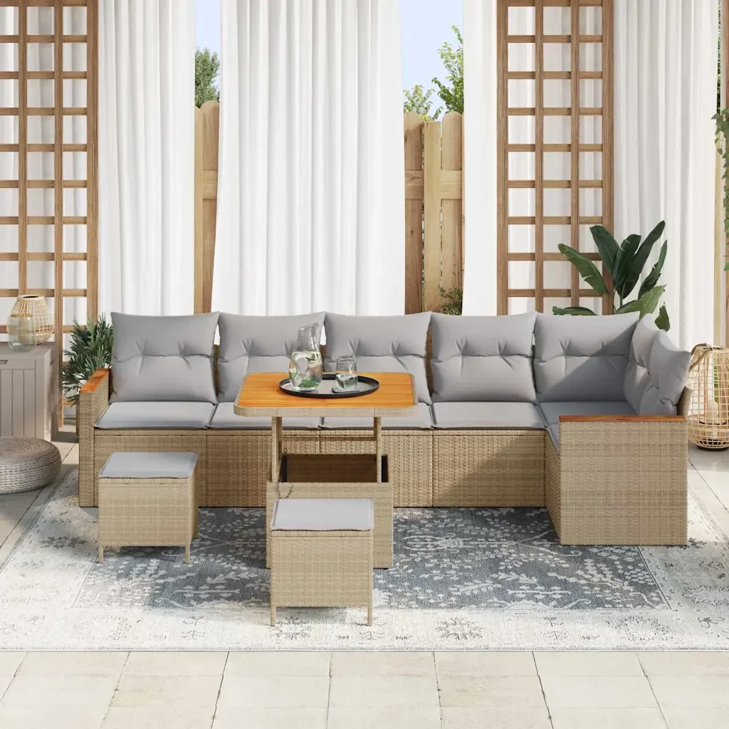 Set Divano da Giardino con cuscino 9 pcs Beige Poly Rattan - Image 3