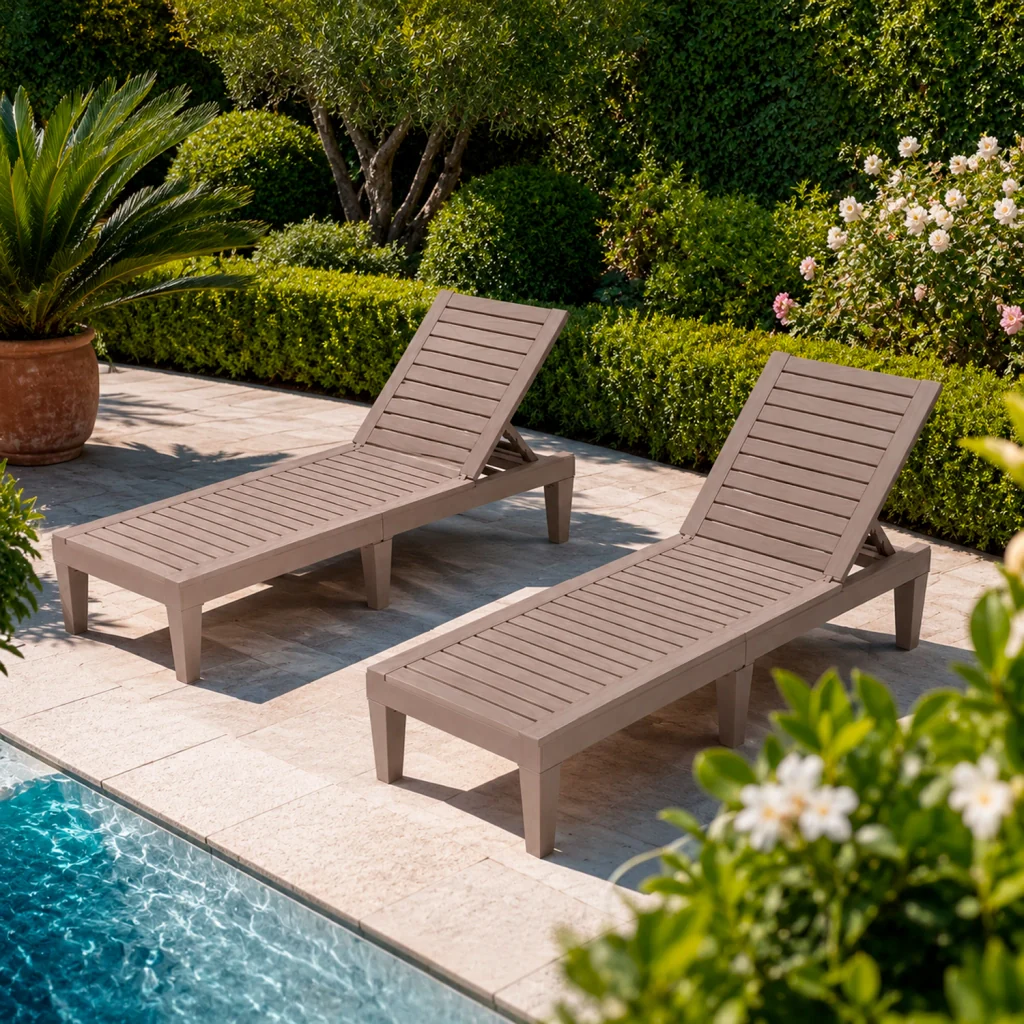 Set Due Lettini Relax Da Esterno Con Schienale Reclinabile In Polipropilene Effetto Legno Per Piscina Giardino Patio E Spa 190 x 57.5 x 29 Cm Marrone - Image 2