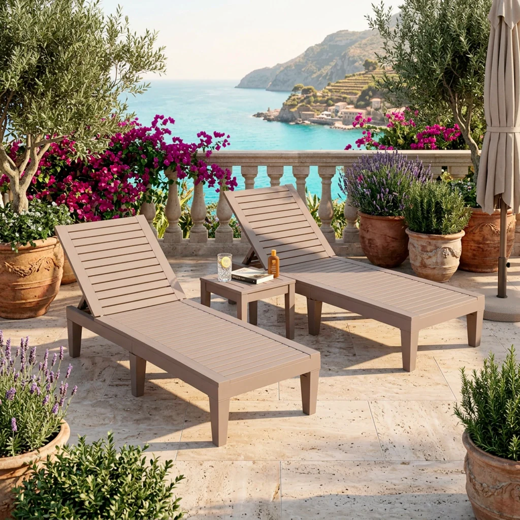 Set Due Lettini Relax Da Esterno Con Schienale Reclinabile In Polipropilene Effetto Legno Per Piscina Giardino Patio E Spa 190 x 57.5 x 29 Cm Marrone - Image 3