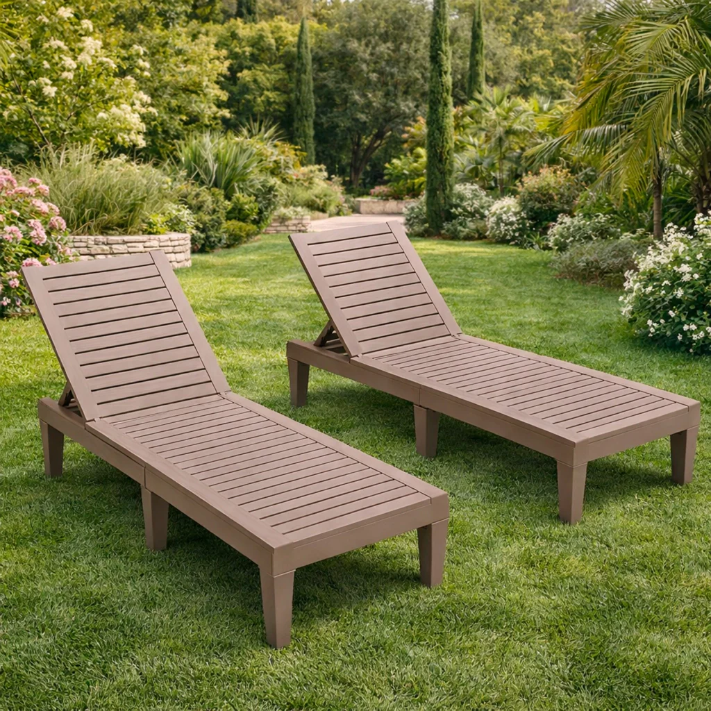 Set Due Lettini Relax Da Esterno Con Schienale Reclinabile In Polipropilene Effetto Legno Per Piscina Giardino Patio E Spa 190 x 57.5 x 29 Cm Marrone - Image 6
