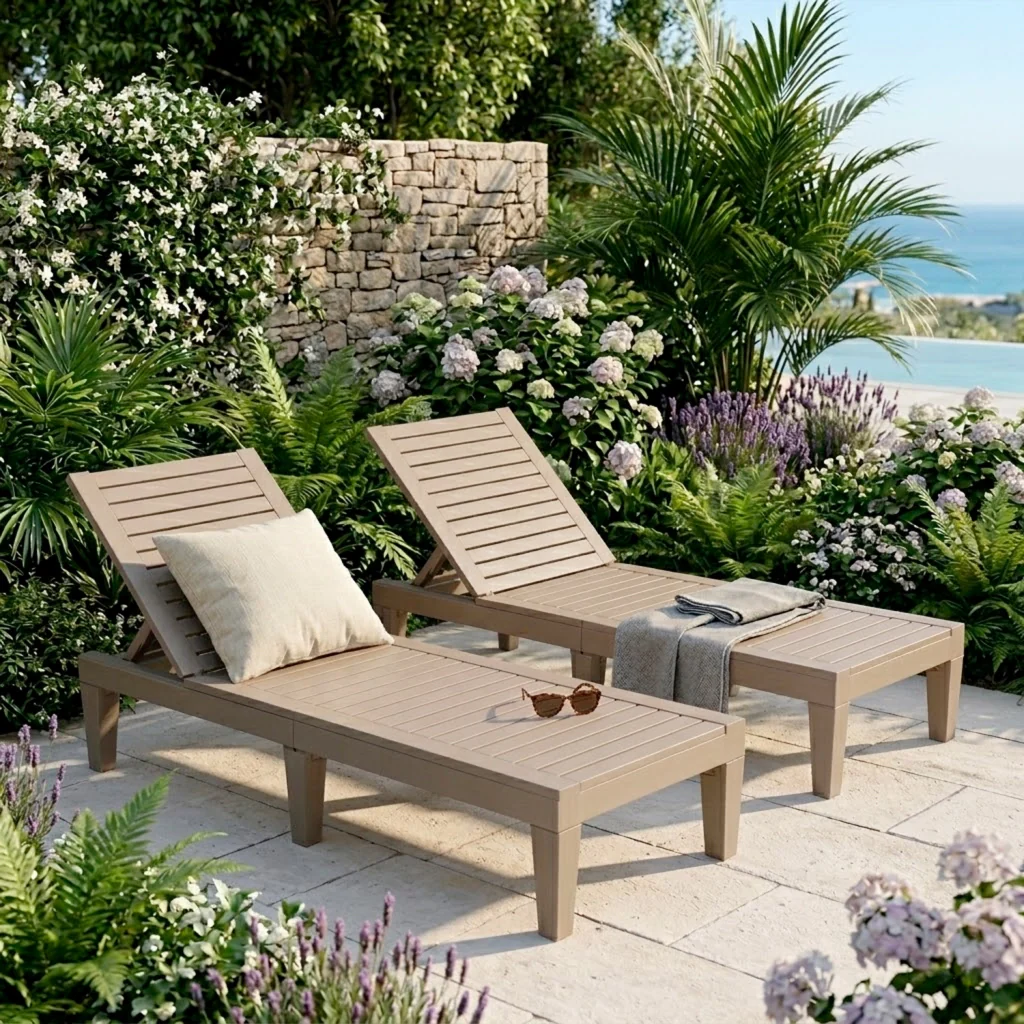 Set Due Lettini Relax Da Esterno Con Schienale Reclinabile In Polipropilene Effetto Legno Per Piscina Giardino Patio E Spa 190 x 57.5 x 29 Cm Marrone - Image 7