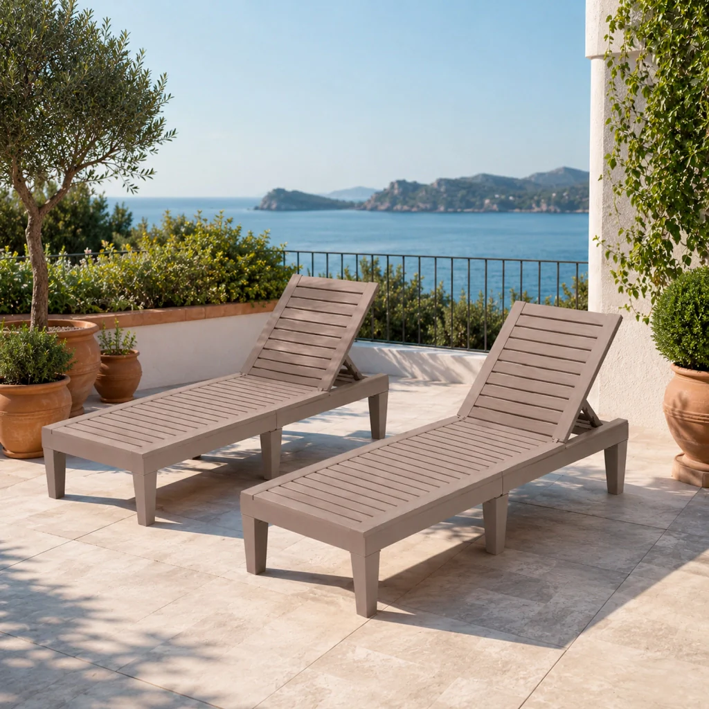 Set Due Lettini Relax Da Esterno Con Schienale Reclinabile In Polipropilene Effetto Legno Per Piscina Giardino Patio E Spa 190 x 57.5 x 29 Cm Marrone - Image 9