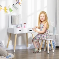 Set Toeletta per Bambini con Tavolo Trucco e Sgabello, Specchio e 2 Cassetti, Bianco e Colore Legno - Image 2