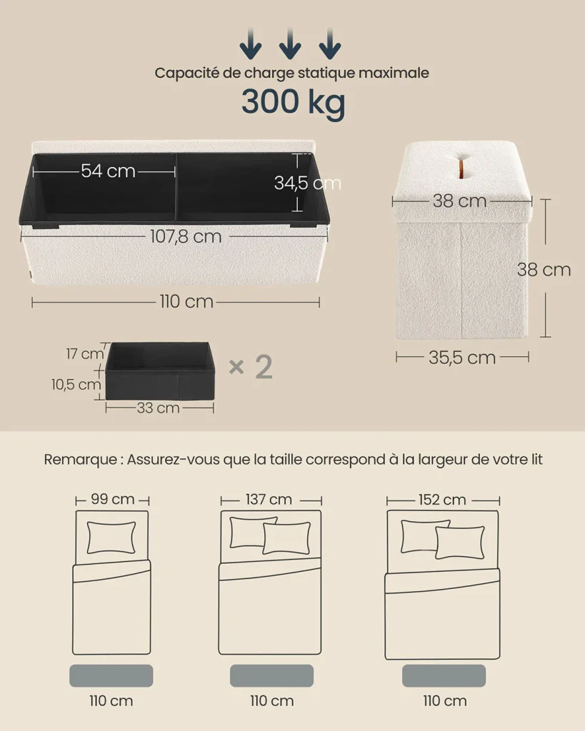 Pouf contenitore pieghevole/poggiapiedi 38 x 110 x 38 cm contenitore portata fino a 300 kg per soggiorno camera da letto corridoio bianco crema 12_0006093 - Image 2