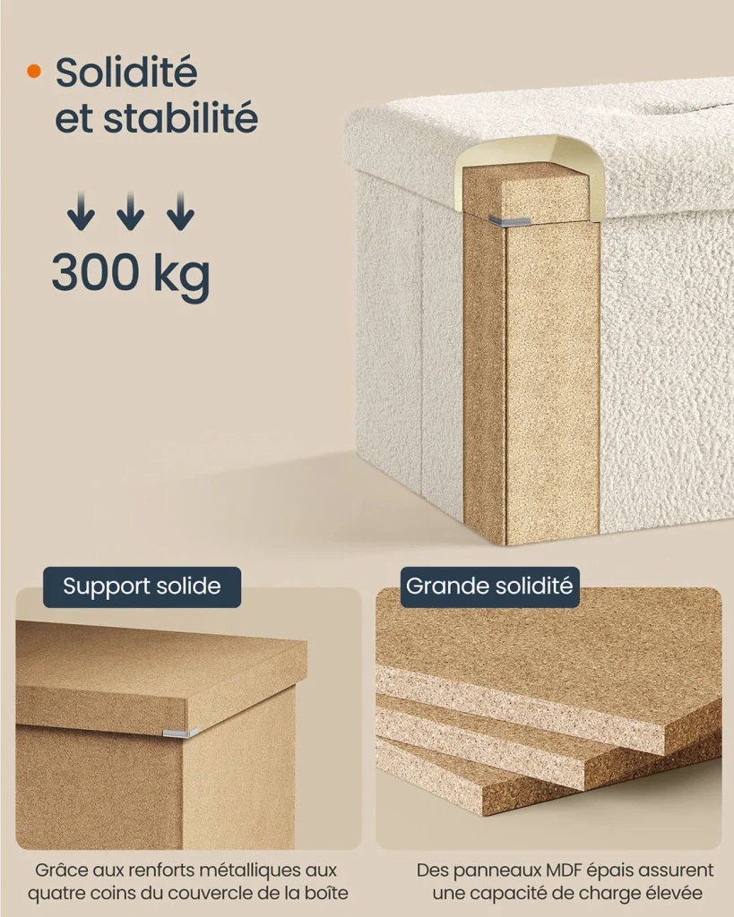 Pouf contenitore pieghevole/poggiapiedi 38 x 110 x 38 cm contenitore portata fino a 300 kg per soggiorno camera da letto corridoio bianco crema 12_0006093 - Image 3