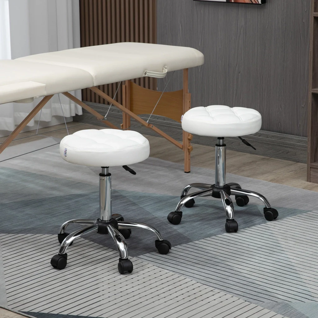 Sgabello Girevole Rotondo con Ruote Ø35,5x51-67 cm Altezza Regolabile in Similpelle Bianco - Image 2