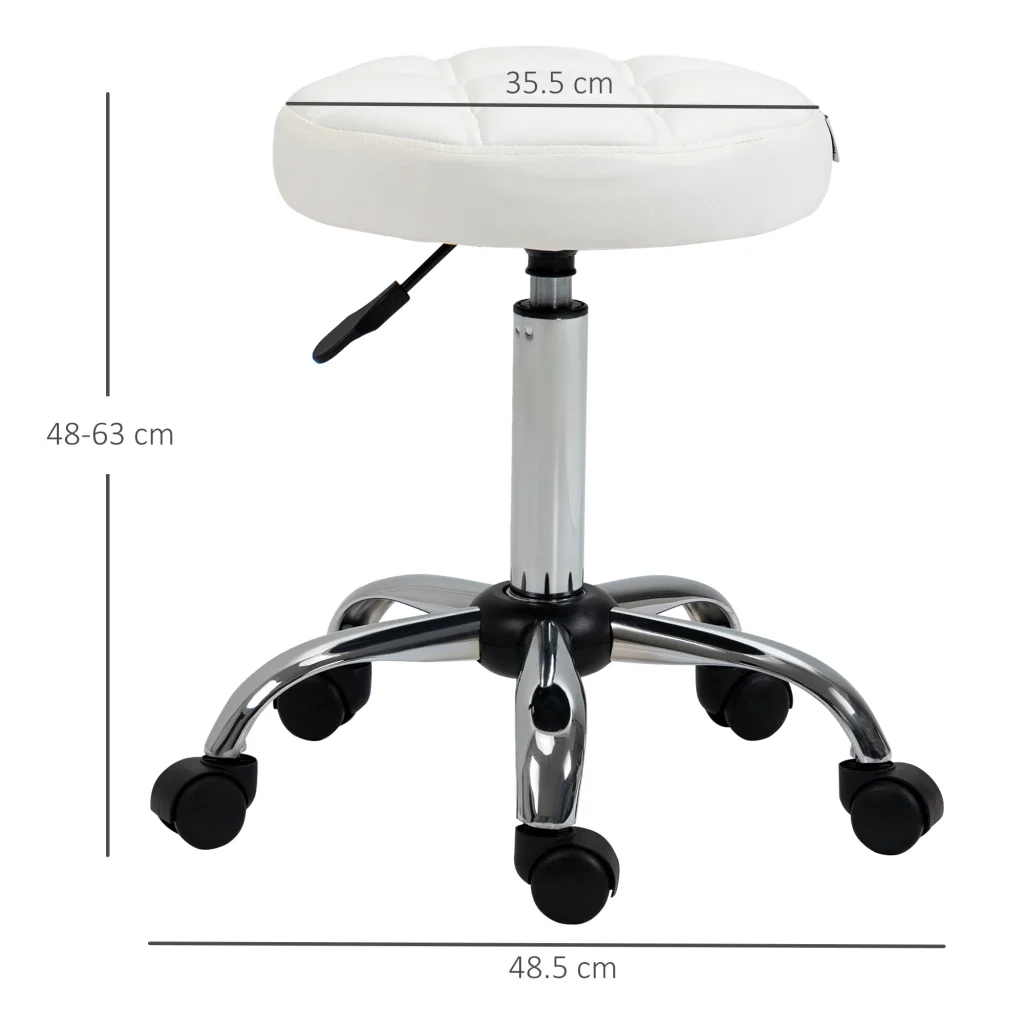 Sgabello Girevole Rotondo con Ruote Ø35,5x51-67 cm Altezza Regolabile in Similpelle Bianco - Image 3