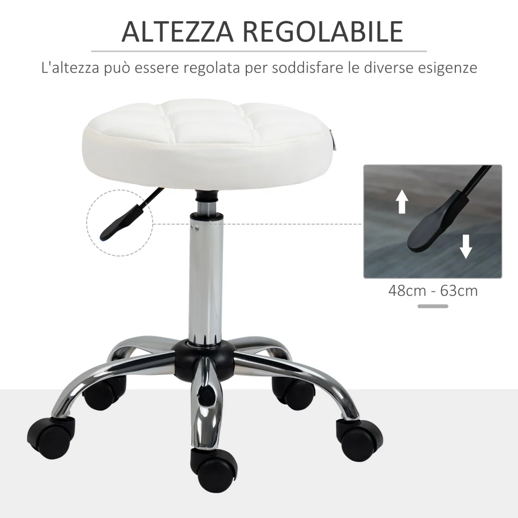 Sgabello Girevole Rotondo con Ruote Ø35,5x51-67 cm Altezza Regolabile in Similpelle Bianco - Image 4
