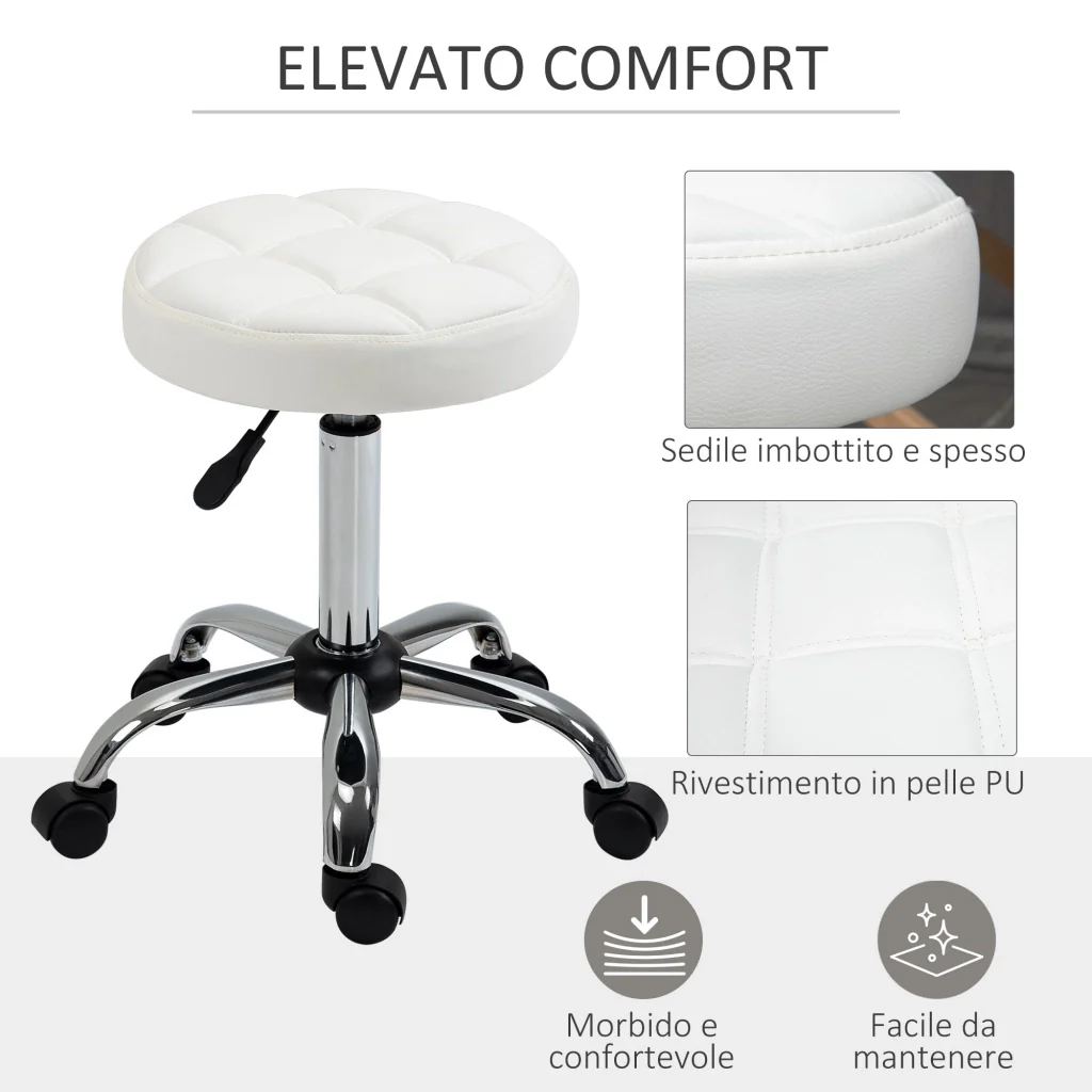 Sgabello Girevole Rotondo con Ruote Ø35,5x51-67 cm Altezza Regolabile in Similpelle Bianco - Image 5