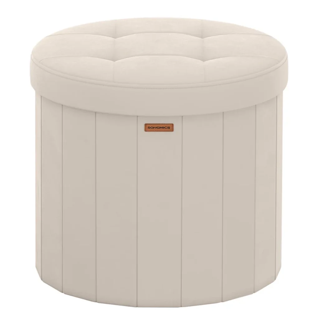 Sgabello/poggiapiedi rotondo con coperchio rimovibile 46 x 45 cm pieghevole facile da montare tessuto felpato per camera da letto soggiorno corridoio beige 12_0006351