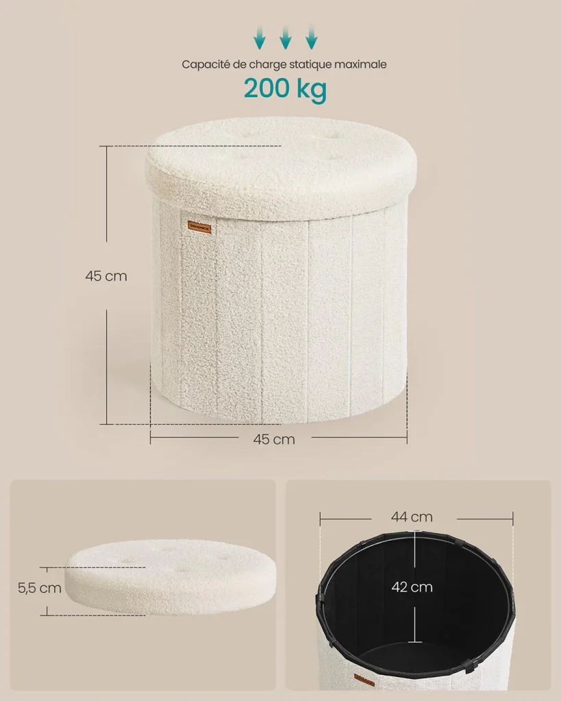 Sgabello/poggiapiedi rotondo con coperchio rimovibile 46 x 45 cm pieghevole facile da montare tessuto felpato per camera da letto soggiorno corridoio bianco crema 12_0006350 - Image 4