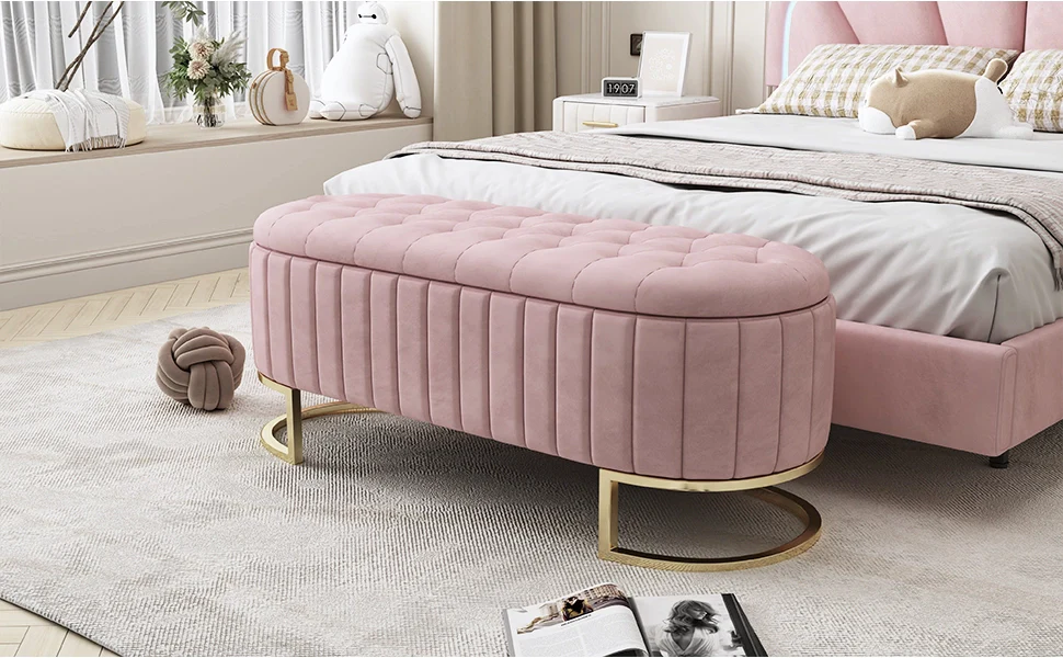 Sgabello riporto 120x40 cm rivestito in velluto rosa panca con spazio riporto per divano e camera da letto - Image 9
