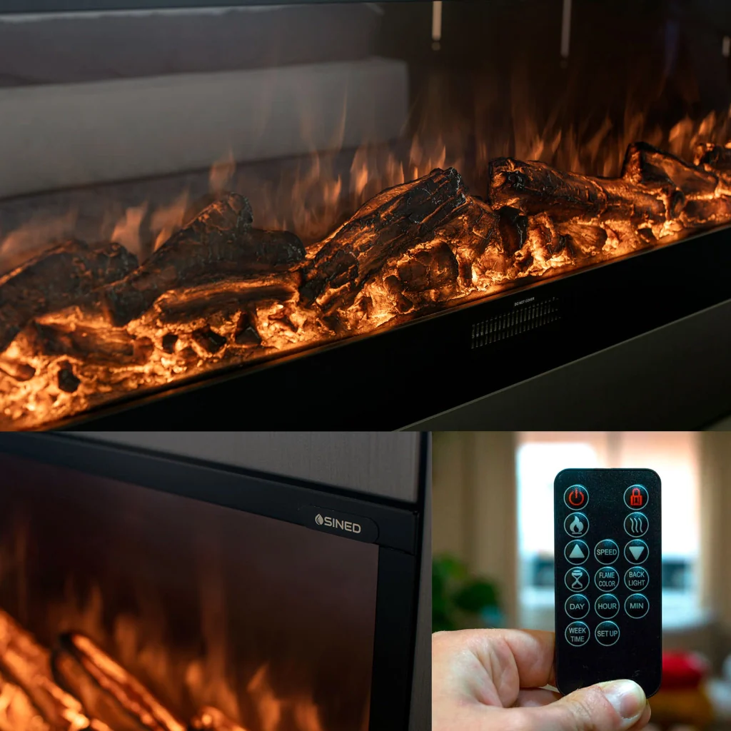 Sined Caminetto Etna Caminetto Elettrico Per Incassare Da 3 Metri Con Potenza 1500w Nero Grande Caminetto Elettrico Da Appoggio Da Interno Reale Effetto Fiamma Comandi Manuali e Telecomando - Image 5