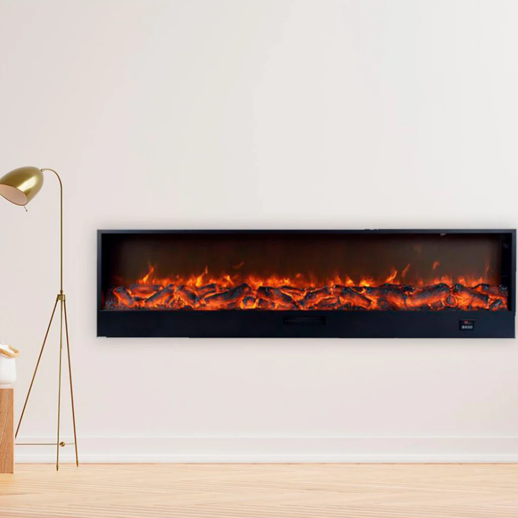 SINED Caminetto Elettrico Nero Acciaio Effetto Fiamma LED Regolabile 6 Livelli Potenza 750-1500W Comandi Manuali e Telecomando Incasso o Appoggio Lunghezza 2 Metri Modello CAMINETTO-VESUVIO-200 - Image 4