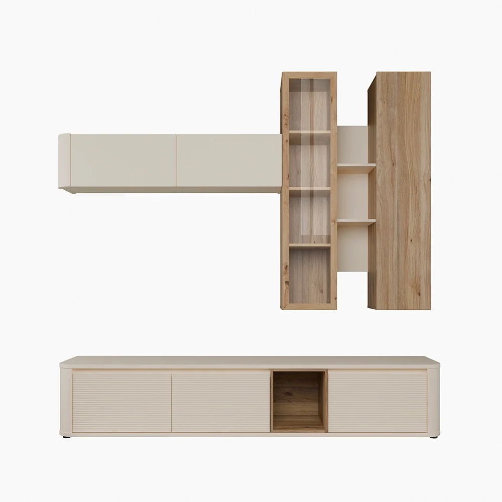 Soggiorno parete attrezzata Core grande con porta tv e pensili in colore rovere e cashmere - Image 2