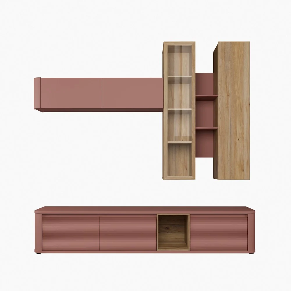 Soggiorno parete attrezzata Core grande con porta tv e pensili in colore rovere e terracotta - Image 2