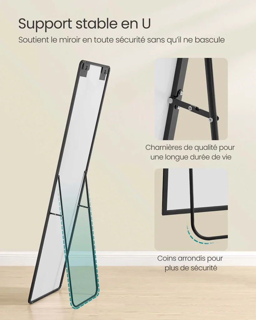Specchio a figura intera 150 x 40 cm specchio rettangolare autoportante con cornice in lega di alluminio e vetro temperato per camera da letto soggiorno o guardaroba nero 12_0006610 - Image 3