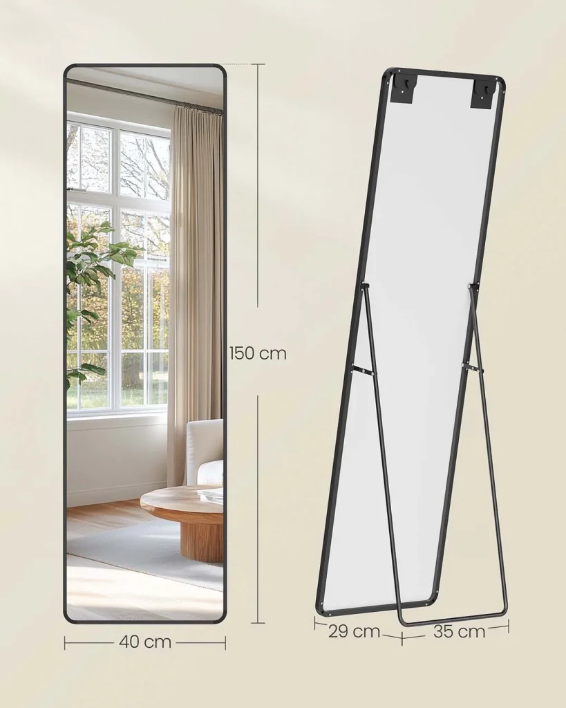 Specchio a figura intera 150 x 40 cm specchio rettangolare autoportante con cornice in lega di alluminio e vetro temperato per camera da letto soggiorno o guardaroba nero 12_0006610 - Image 4