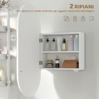 Specchio Bagno Ovale Moderno con Armadietto e Due Ripiani, 45x90 cm, Bianco - Image 5
