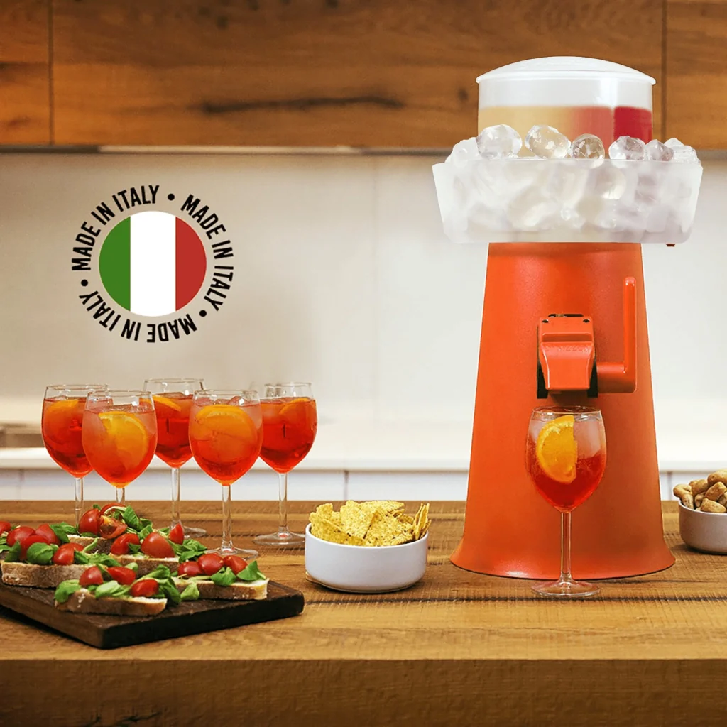 SPRIZZER Kit Completo Sprizzer Arancio con macchina in metallo arancione 12 bicchieri in vetro sacca rossa in tessuto resistente 6 vaschette Aperibox in plastica durevole e tappetino antiscivolo –
