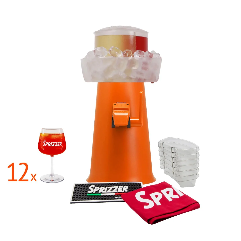 SPRIZZER Kit Completo Sprizzer Arancio con macchina in metallo arancione 12 bicchieri in vetro sacca rossa in tessuto resistente 6 vaschette Aperibox in plastica durevole e tappetino antiscivolo – - Image 2