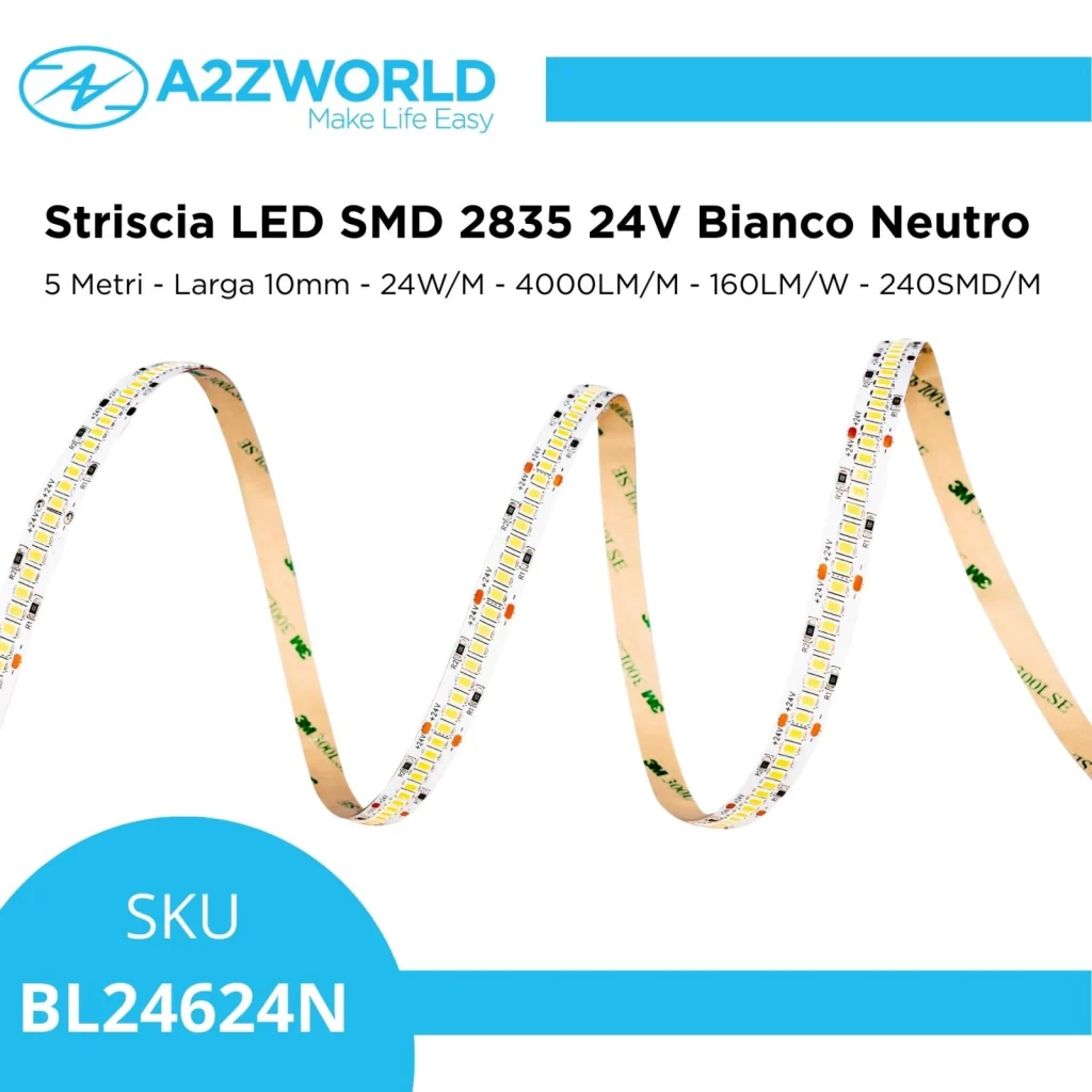 Striscia LED SMD 2835 24V, 5 Metri, Larga 10mm, Neutro 4000K, Super Luminoso 24W/M 4000LM/M 160LM/W 240SMD/M, Dimmerabile PWM, Tagliabile ogni 33mm, IP20, CRI>80 - Image 2