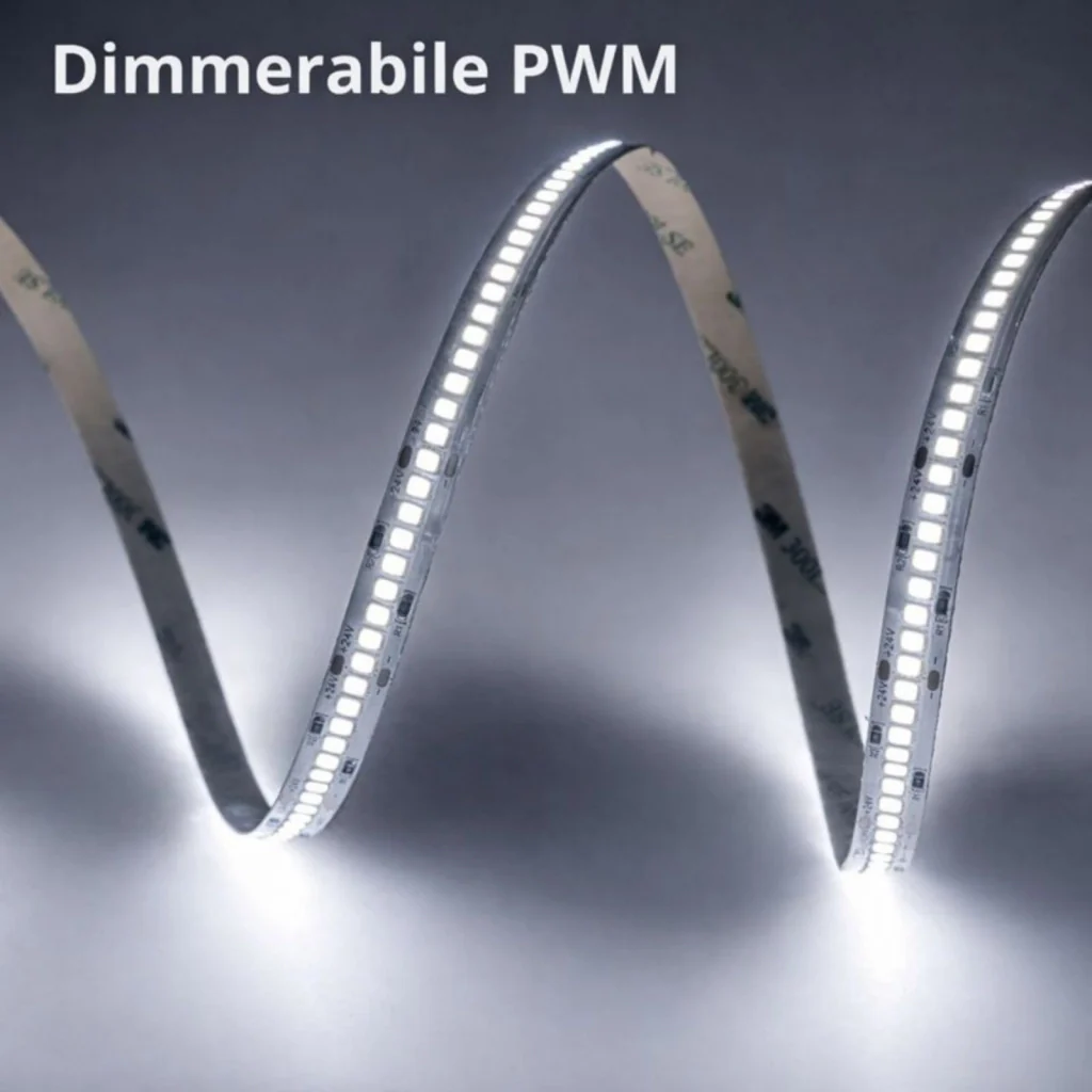 Striscia LED SMD 2835 24V, 5 Metri, Larga 10mm, Neutro 4000K, Super Luminoso 24W/M 4000LM/M 160LM/W 240SMD/M, Dimmerabile PWM, Tagliabile ogni 33mm, IP20, CRI>80 - Image 4