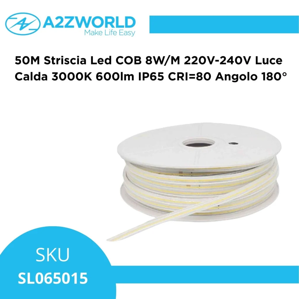 50M Striscia Led COB 8W/M 220V-240V Luce Calda 3000K 600lm IP65 CRI=80 Angolo 180° - Image 2