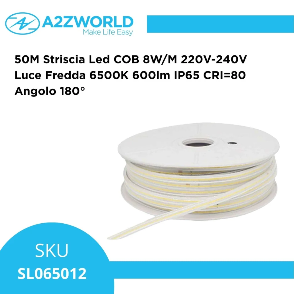 50M Striscia Led COB 8W/M 220V-240V Luce Fredda 6500K 600lm IP65 CRI=80 Angolo 180° - Image 2