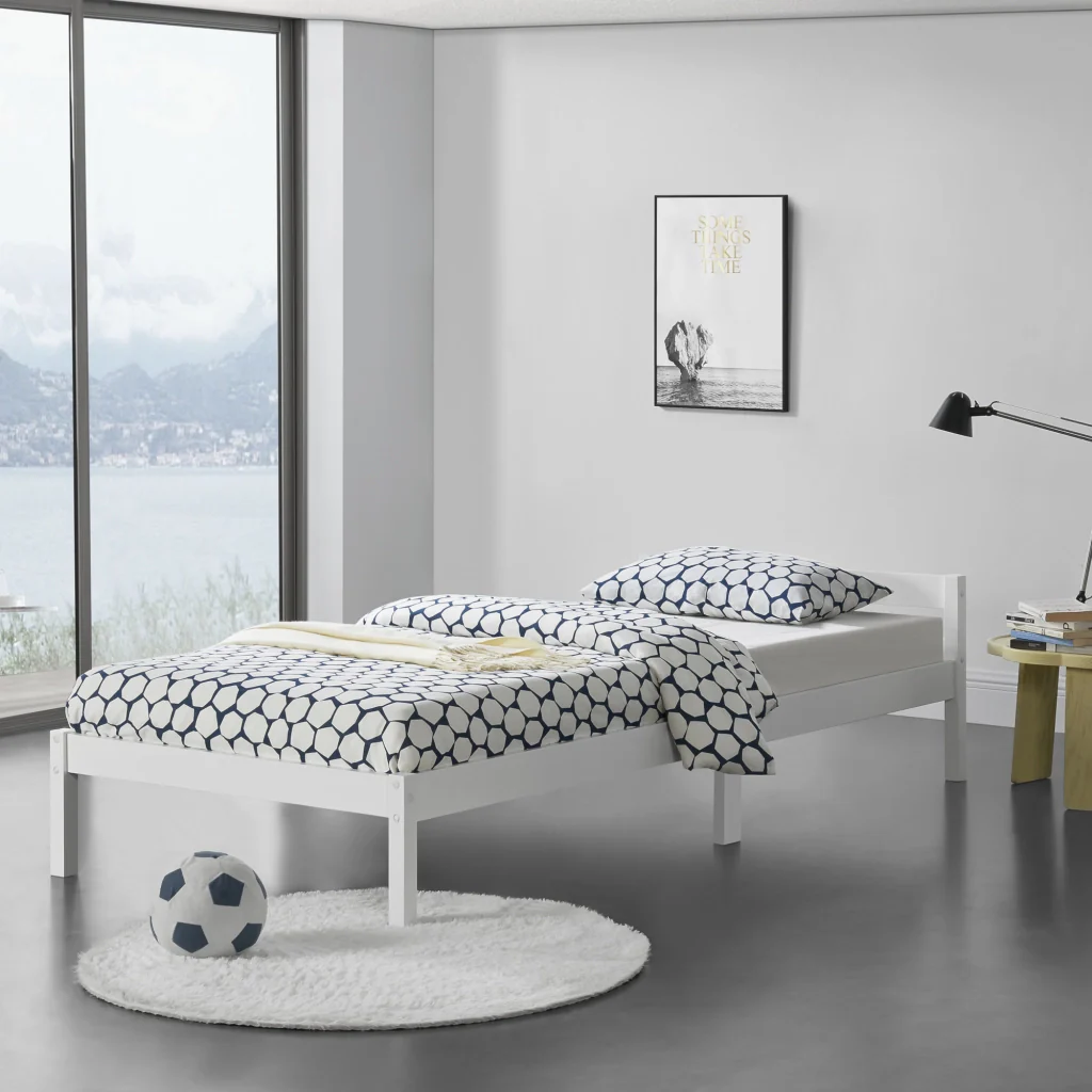 Struttura Letto in Legno di Pino 90 x 200 cm con Testiera Bassa Letto Singolo in Design Minimal - Bianco - Image 6