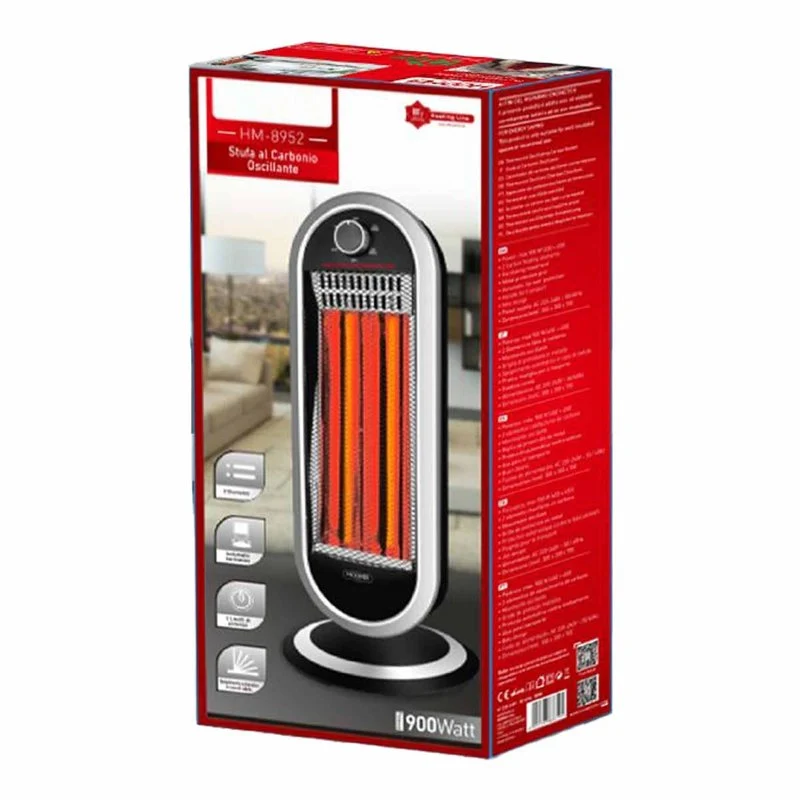 Stufa al Carbonio Oscillante 900W con Potenza Regolabile 2 Livelli con Griglia di Protezione in Metallo Oscillazione Automatico Nero Argento - Image 2