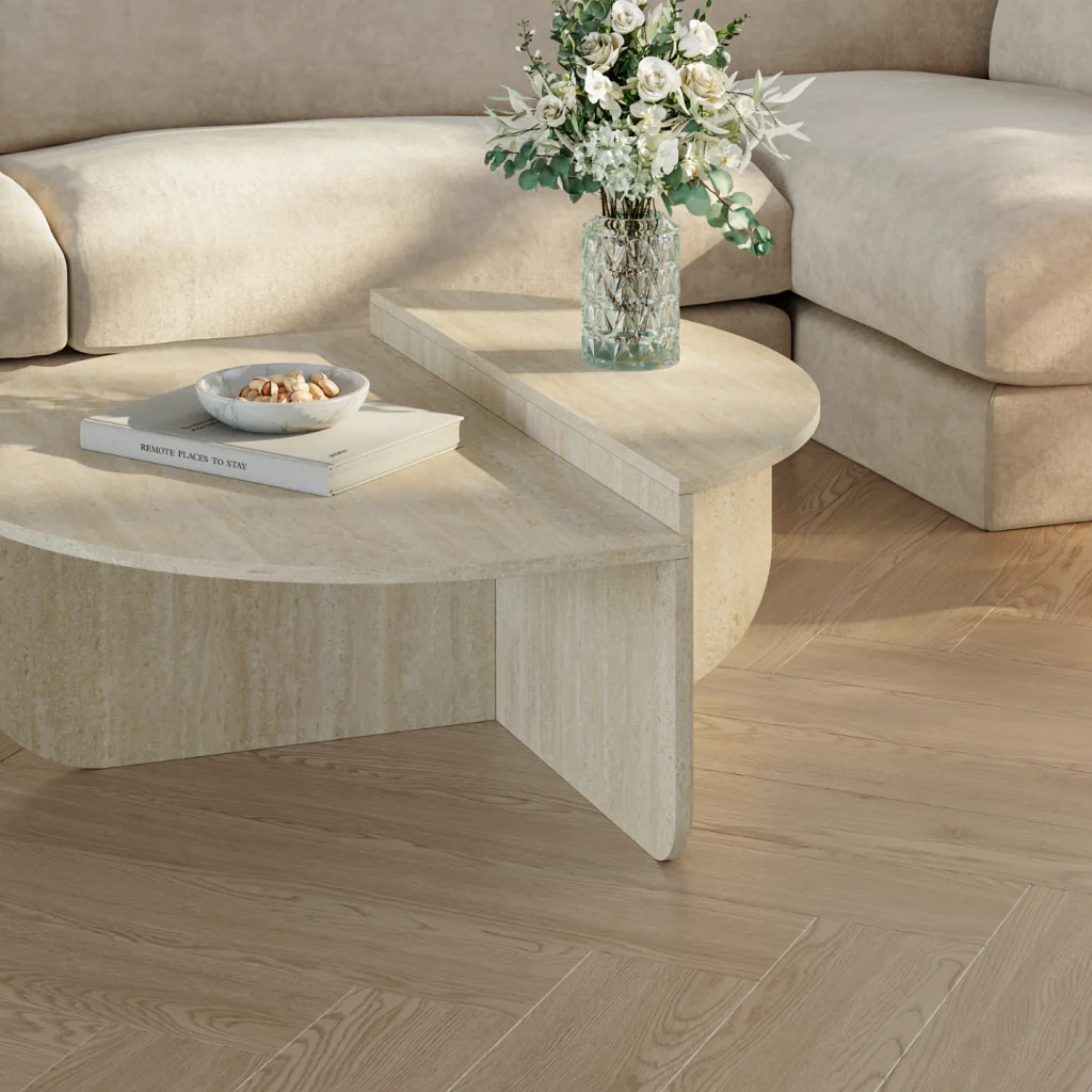 Tavolino Basso da Salotto Tondesdaslo con 2 Piani Semicircolari di Diverse Misure - Travertino [en.casa] - Image 3