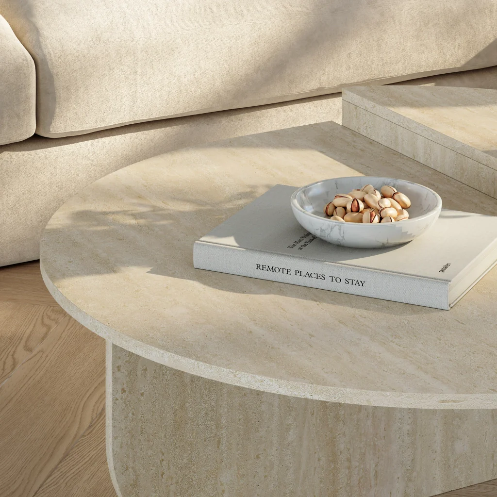 Tavolino Basso da Salotto Tondesdaslo con 2 Piani Semicircolari di Diverse Misure - Travertino [en.casa] - Image 5