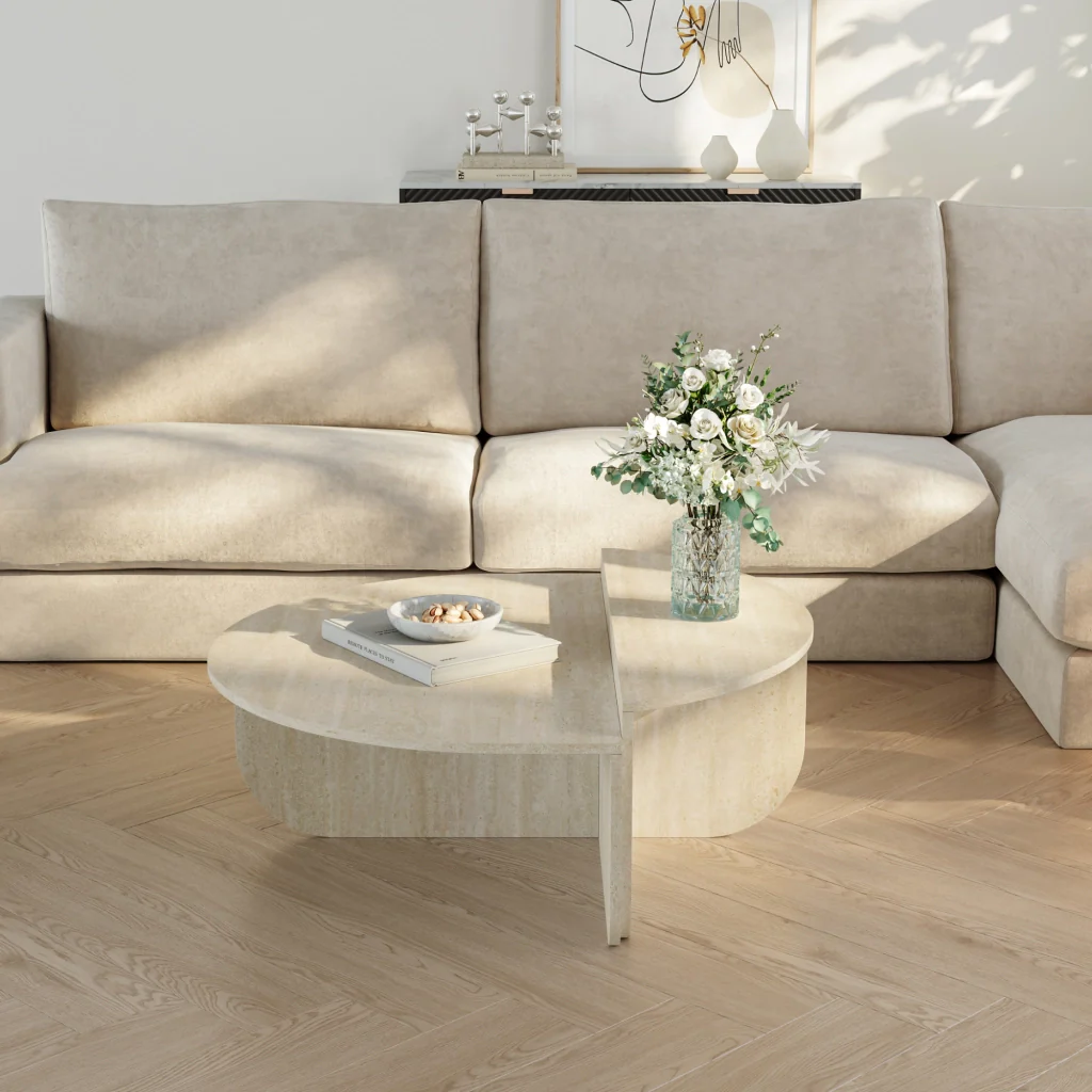 Tavolino Basso da Salotto Tondesdaslo con 2 Piani Semicircolari di Diverse Misure - Travertino [en.casa] - Image 7