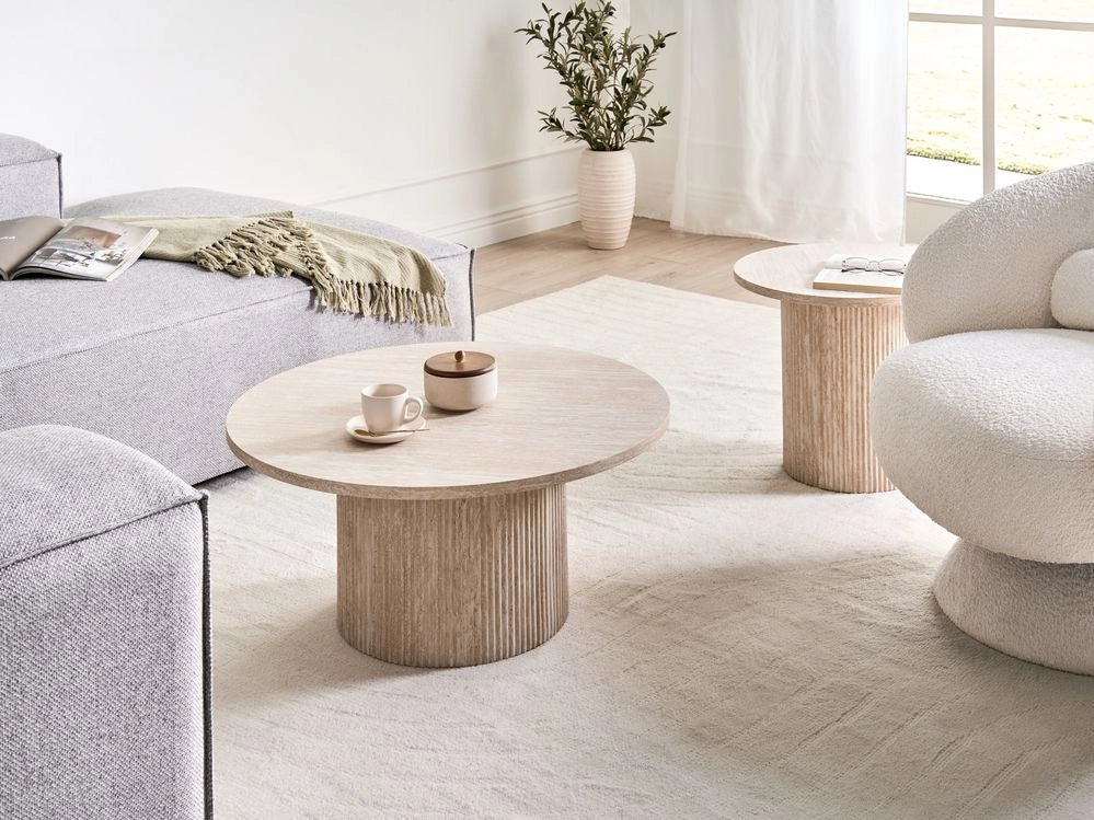 Tavolino con piano in MDF impiallacciato Base in pietra ø 80 cm Beige Design moderno Soggiorno - Image 3