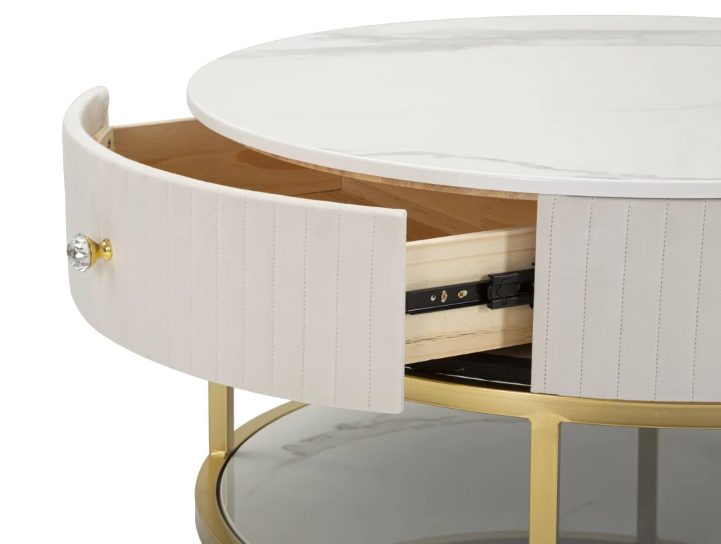 Tavolino da caffè con cassetto, metallo dorato, piano in similmarmo 40x82cm Montpellier - Image 3