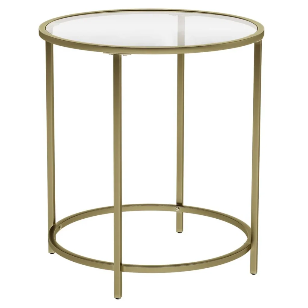 Tavolino rotondo con piano in vetro temperato 50 x 50 x 55 cm struttura in metallo dorato tavolino consolle comodino tavolo da soggiorno/balcone robusto e stabile oro decorativo 12_0007566