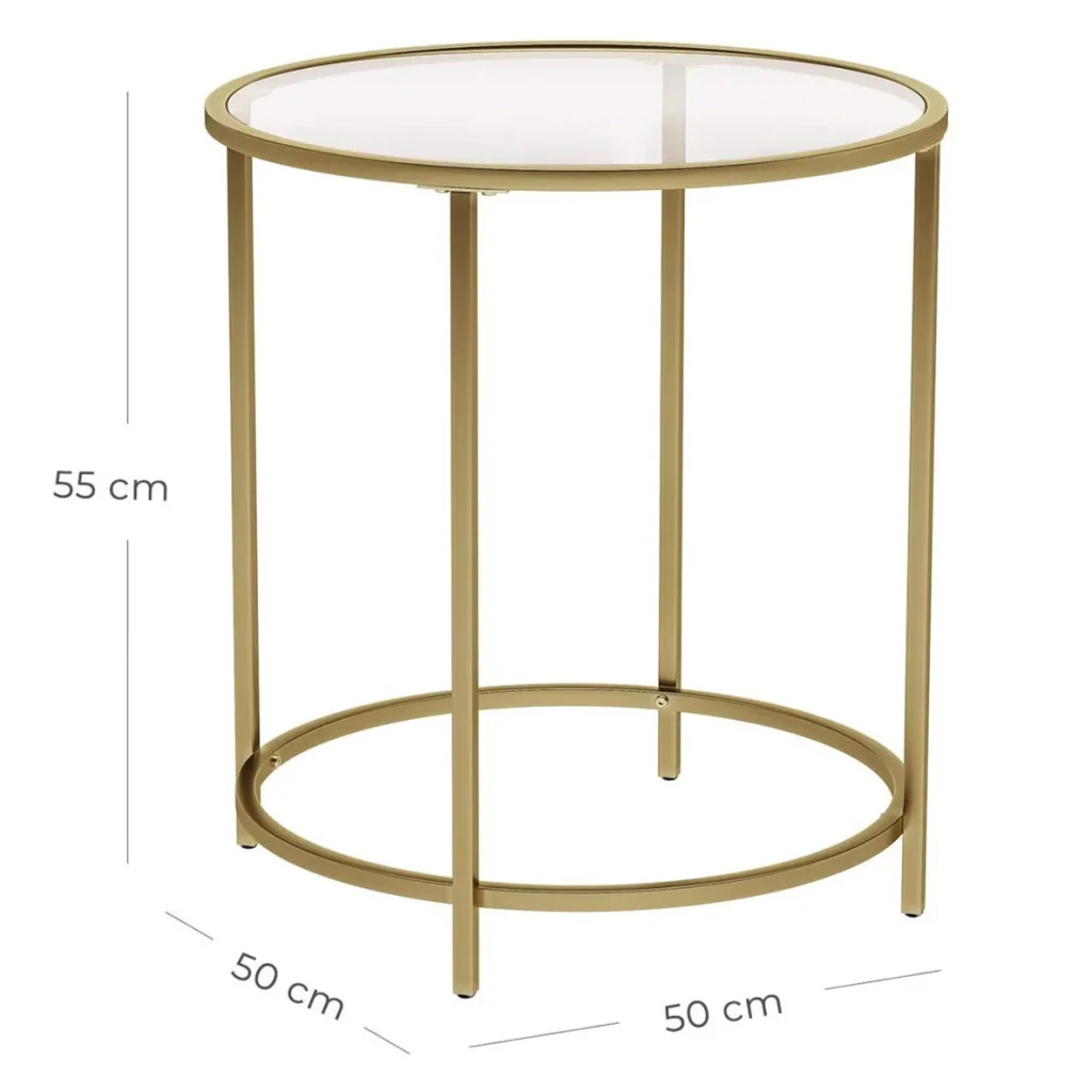 Tavolino rotondo con piano in vetro temperato 50 x 50 x 55 cm struttura in metallo dorato tavolino consolle comodino tavolo da soggiorno/balcone robusto e stabile oro decorativo 12_0007566 - Image 4