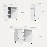 Tavolo a Ribalta Pieghevole con Ripiani a 3 Livelli, Box e Rotelle, in MDF, 130x80x76.5 cm, Bianco - Image 3