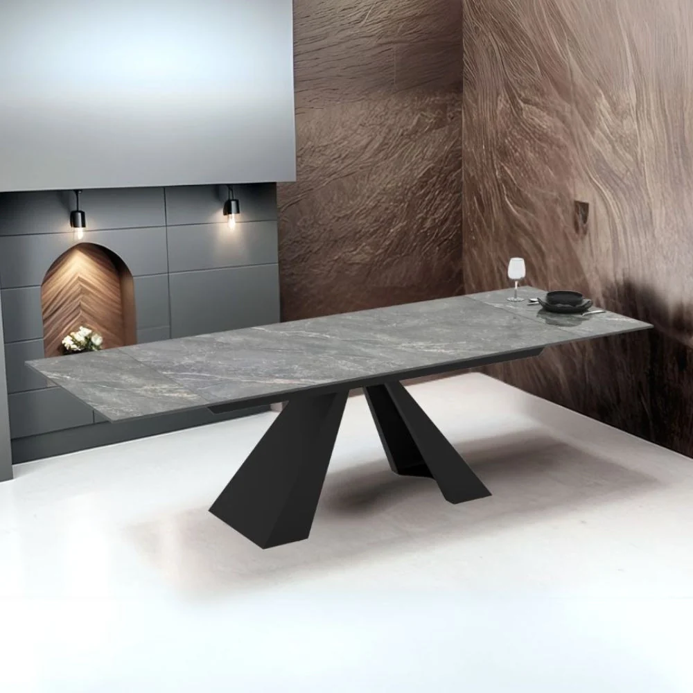 Tavolo allungabile Monza con top in ceramica effetto marmo grigio e gambe nere