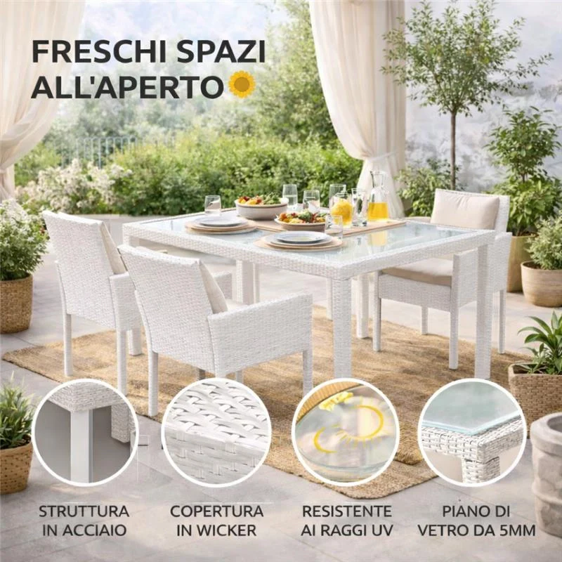 TAVOLO AZORE IN ACCIAIO E WICKER BIANCO 150 X 90CM - Image 8