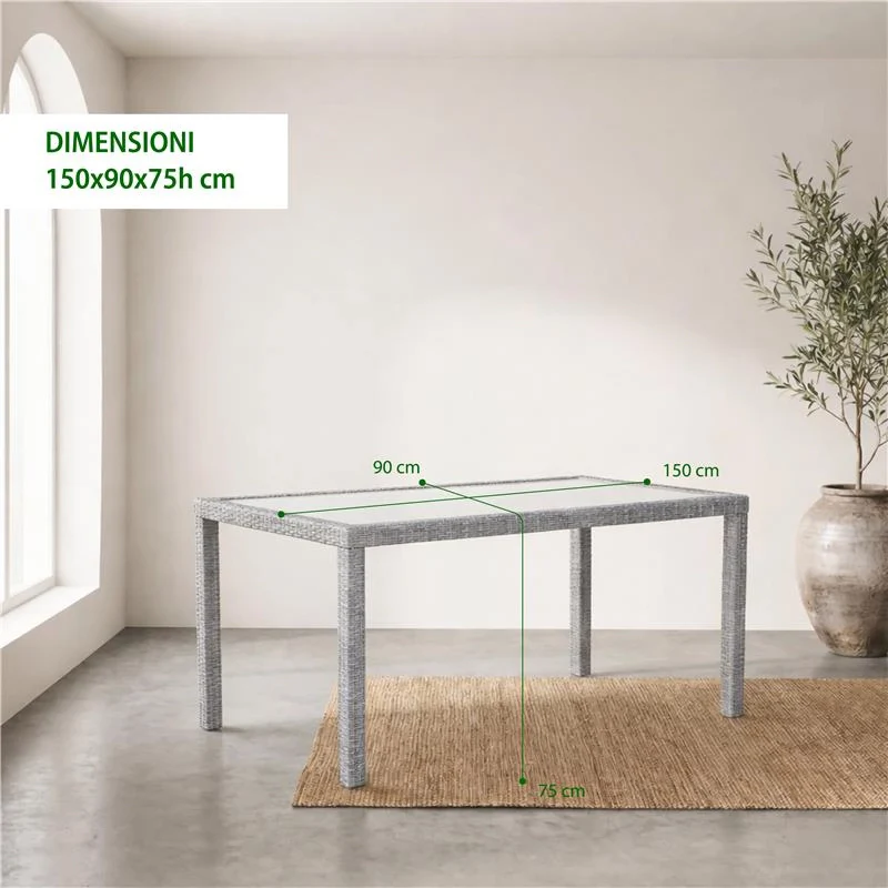 TAVOLO AZORE IN ACCIAIO E WICKER GRIGIO CHIARO 150 X 90CM - Image 3