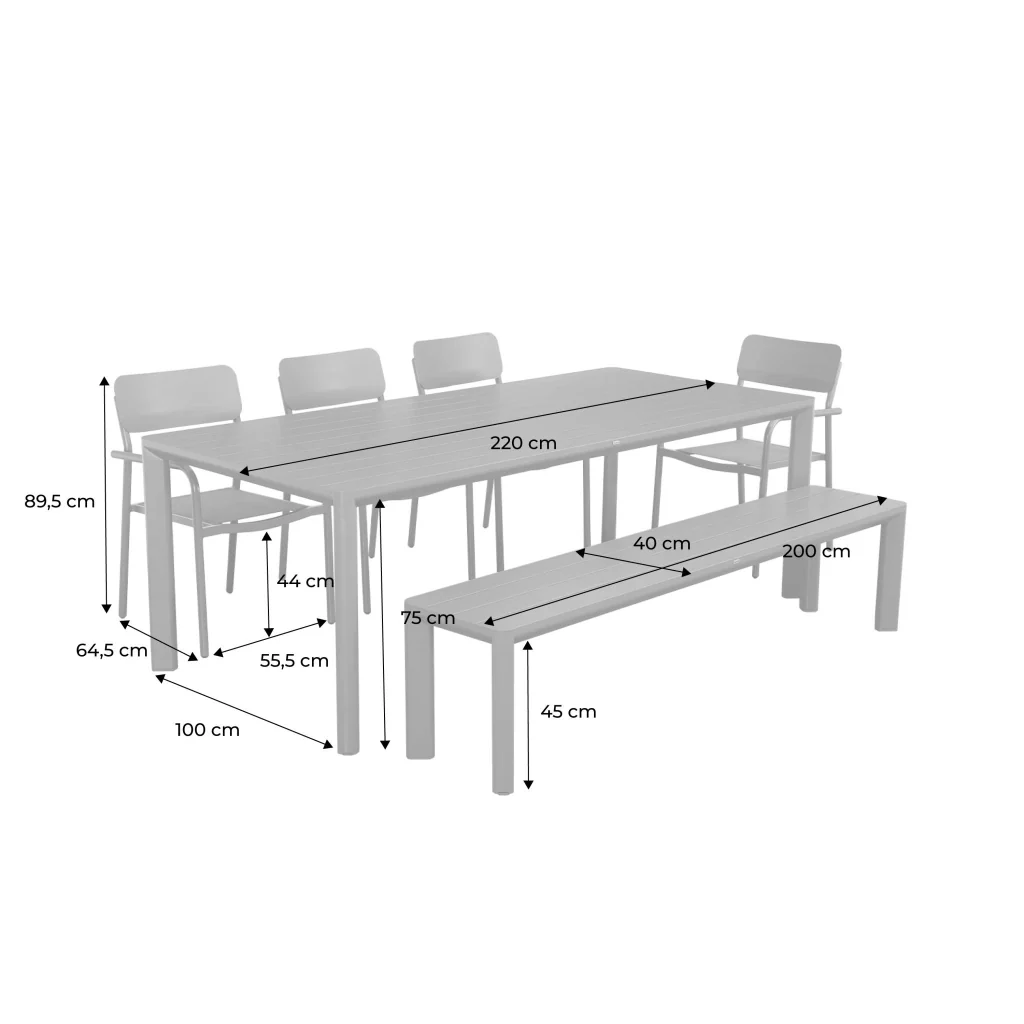 Set tavolo da giardino in alluminio con 1 panchina e 4 sedie, beige - Image 4