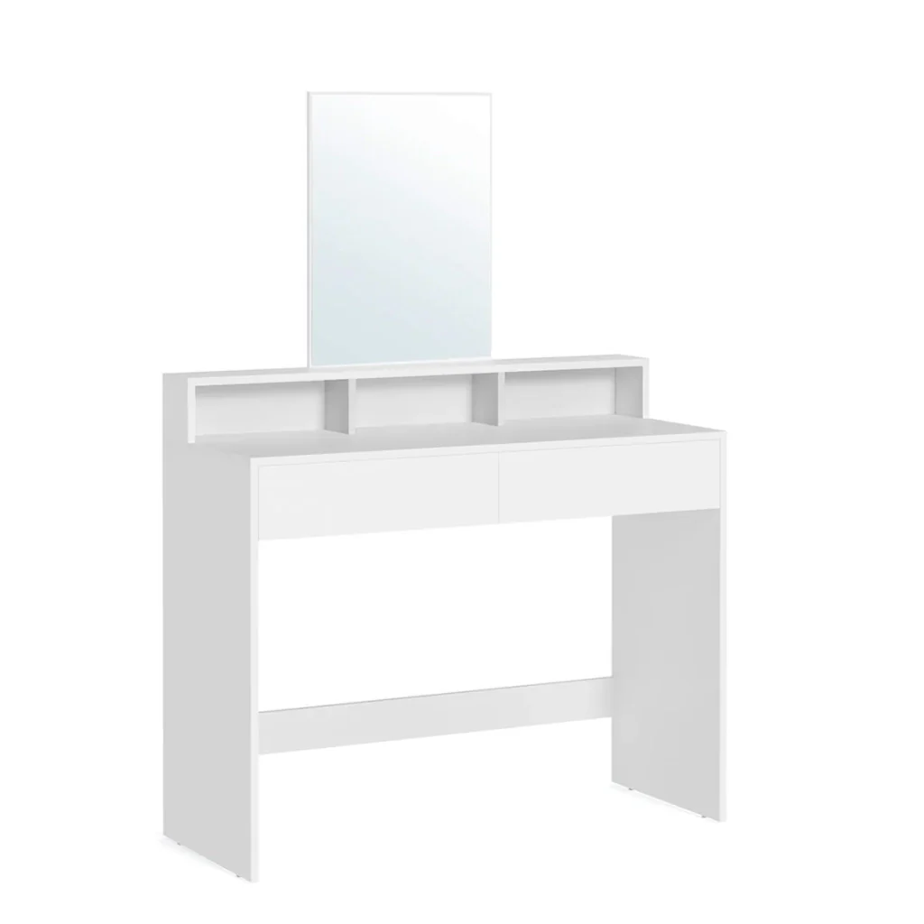 Toletta con specchio rettangolare tavolo da trucco con 2 cassetti e 3 vani portaoggetti stile moderno bianco 12_0005168
