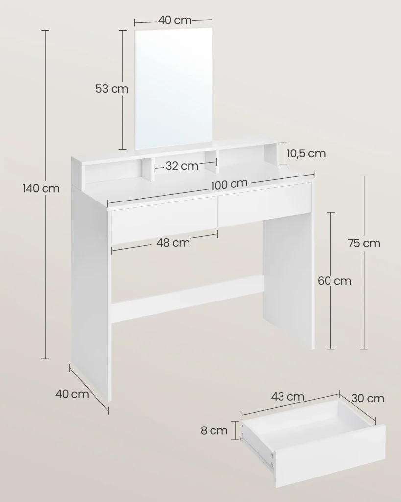 Toletta con specchio rettangolare tavolo da trucco con 2 cassetti e 3 vani portaoggetti stile moderno bianco 12_0005168 - Image 2
